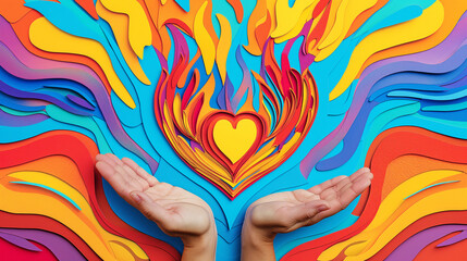 Human Hands holding Heart shape paper cut as flame arranged with abstract colorful background design for World heart day background concept