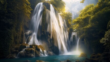 A majestic waterfall cascading down rugged cliffs into a turquoise pool below, framed by lush greenery and dappled sunlight filtering through the trees. 32k, full ultra hd, high resolution