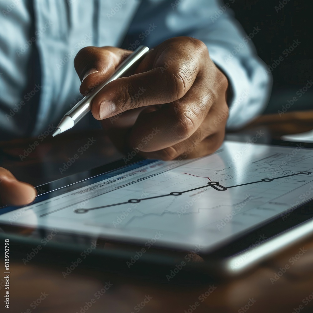 Poster a close-up of a businessman's hand drawing a growth trajectory on a tablet screen, with an increase 