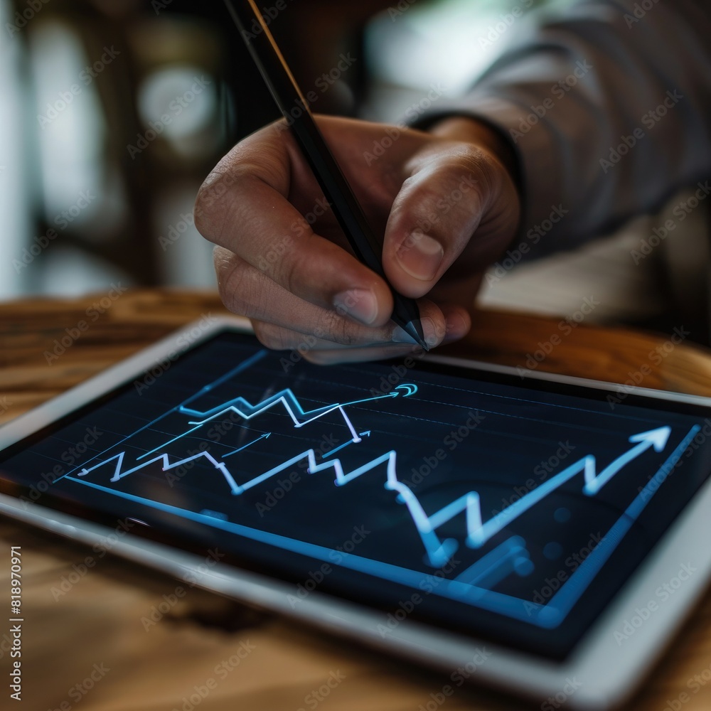 Poster a close-up of a businessman's hand drawing a growth trajectory on a tablet screen, with an increase 