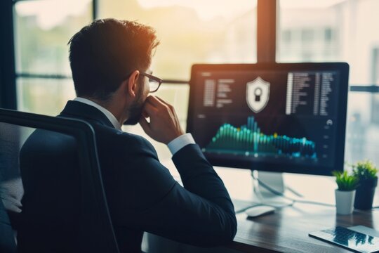 Business person analyzing a cybersecurity dashboard with a prominent lock icon - data security - IT solutions - risk management
