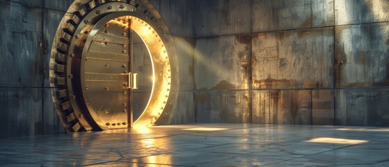 Open bank vault with sunlight streaming through the door illuminating the secure metal interior, symbolizing security and wealth.