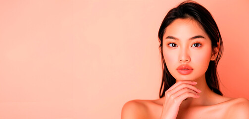 Young woman with thoughtful expression posing against a peach background with ample copy space