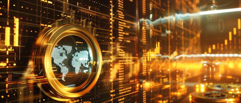 Modern digital interface with world map and futuristic data visualization, representing technology and global connectivity. - Powered by Adobe