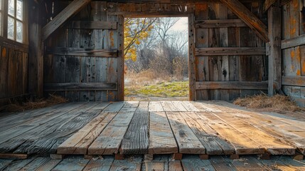 A large, empty room with wooden floors and a wooden door
