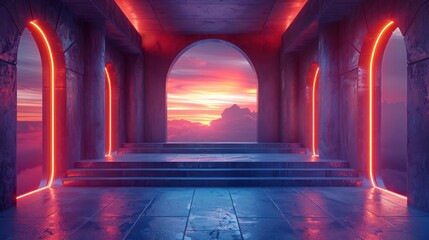 A large, empty room with red lighting and a view of the sunset