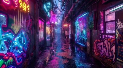 A mesmerizing cyberpunk alleyway adorned with holographic graffiti, where neon signs flicker and...