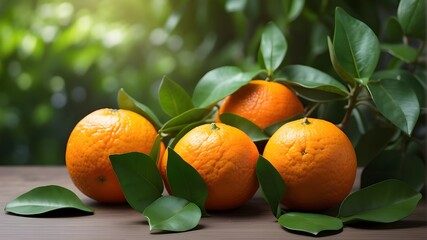 Fresh oranges or mandarins with verdant foliage in the background. Artificial Intelligence