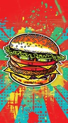 A pop art retro illustration of a burger, capturing the vintage kitsch style of fast food drawings.
