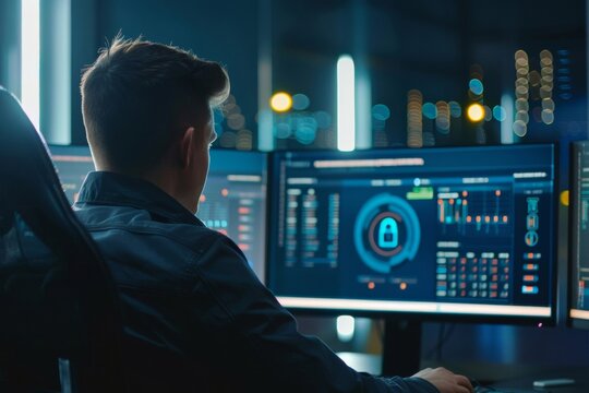 Business person analyzing a cybersecurity dashboard with a prominent lock icon - data security - IT solutions - risk management