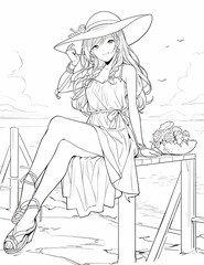 summer beautiful beach girl wearing hat. For adult, children coloring book