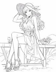 summer beautiful beach girl wearing hat. For adult, children coloring book