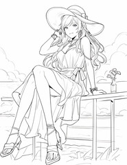 summer beautiful beach girl wearing hat. For adult, children coloring book