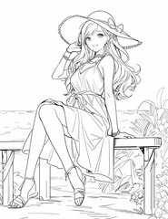 summer beautiful beach girl wearing hat. For adult, children coloring book