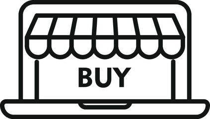 Black and white line art icon depicting a laptop with an awning and buy sign, symbolizing ecommerce