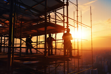 Silhouette of a team of engineers and construction workers safely loading concrete on scaffolding at a high-rise building. sunset, blurred background for an industrial background
