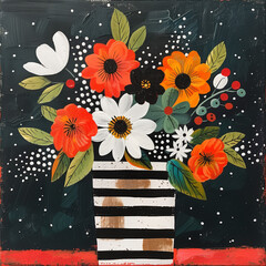 Acrylic painting of flowers in striped vase, naive art style, featuring orange, blue, and pink colors with polka dots
