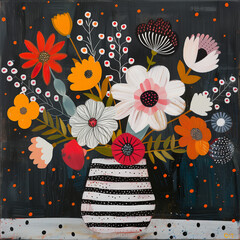 Acrylic painting of flowers in striped vase, naive art style, featuring orange, blue, and pink colors with polka dots