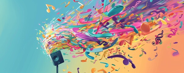 An audio-themed illustration featuring multicolored musical notes swirling around a musical stand, creating a whirlwind of color and sound with generative AI.