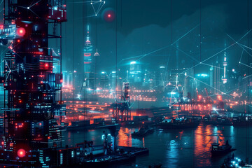 digital city, smart network and connection technology concept
