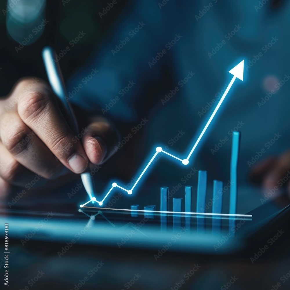 Poster a close-up of a businessman's hand sketching out a growth plan on a digital tablet, with an increase