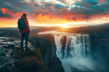 Fototapeta premium traveler stands on edge of waterfall of majestic landscape at sunset