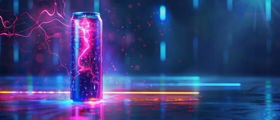 Futuristic energy drink can with neon lights and electric bolts in a high-tech, cyberpunk-inspired setting. Vibrant, modern, and dynamic.
