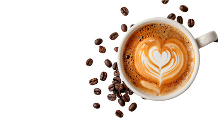 Cup of coffee with heart shape latte with beans, isolated on transparent background