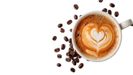 Cup of coffee with heart shape latte with beans, isolated on transparent background