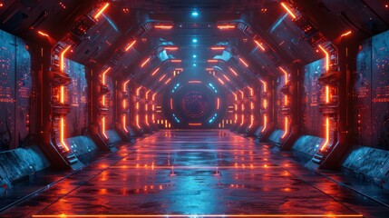 A futuristic tunnel with neon lights and a glowing orb in the center