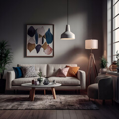 Interior design of modern living room, stylish sofa, furniture, with lamp.
