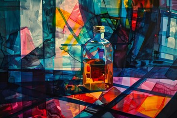 Painting of a bottle of liquor sitting on a table in front of a window