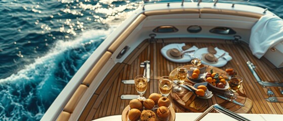 A boat with a table full of food and drinks, including wine glasses and fruit