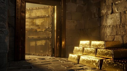 Dimly lit old stone vault revealing stacks of gold bars, emphasizing treasure, wealth, and secure storage with an antique vibe.
