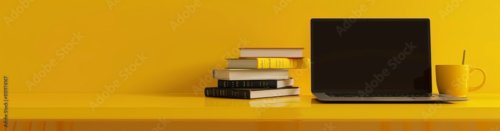 Wall mural a laptop, books and coffee cup on a yellow background with copy space for a text web banner design t