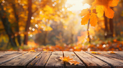 Naklejka na ściany i meble A warm autumn scene unfolds: Sunlight streams through the open wooden door, revealing a vibrant carpet of orange leaves blanketing the ground.