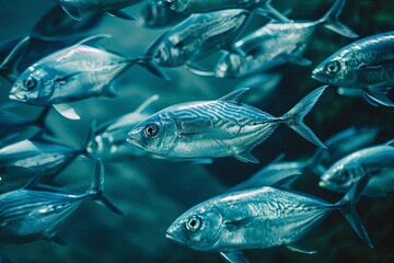 Fototapeta premium School of fish, top view, Depicts underwater community, futuristic tone, Analogous Color Scheme, realistic