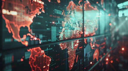 A conceptual representation of a digital world map overlayed with stock market trading data and graphs, suggesting global finance and economy