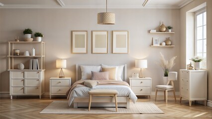 Girl's bedroom wall poster mockup with soft Beige and white modern Scandinavian interiors. Avoid lamps in front of frames. 