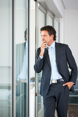 Businessman, window and thinking at office for career or company growth with opportunities....