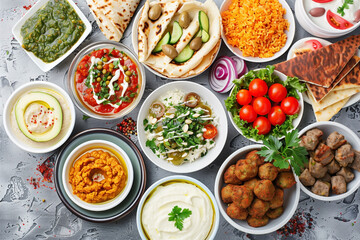 Middle Eastern Arabic dishes and assorted, meze, top view