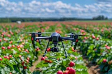 Smart farming drone in an isometric vector field using sensors for crop care, agricultural innovation, and sustainable automated farming conditions.