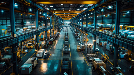 Fototapeta premium A wide-angle view of a spacious industrial warehouse lit at night, showcasing rows of goods and machinery.