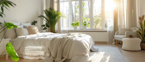 Bright and airy bedroom with sunlit windows, cozy bed, and lush indoor plants, perfect for relaxation and comfort.