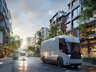 Obraz premium A logistics provider delivering packages in a city using electric delivery vans, emphasizing logistics services and sustainability