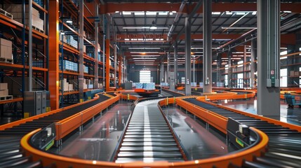 Fototapeta premium A distribution center with advanced sorting systems and conveyor belts, illustrating logistics workflow and efficiency