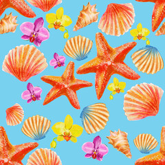 pattern with seashells. Hand drawn watercolor ocean background. 