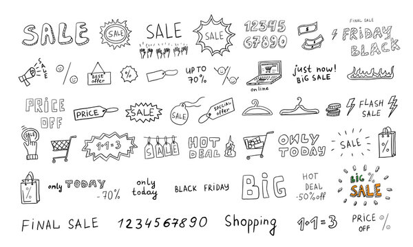Large set of shopping retail sale and discount in doodle style. Numbers, tags, frames, sale lettering, promotion, labels sketch. Hand Drawn. Isolated vector illustration isolated on white background.