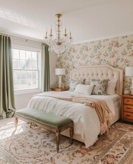 Gorgeous bedroom with floral wallpaper, light pink walls, green curtains, vintage bed, white chandelier, soft lighting, plush carpet, pastel palette with gold and olive