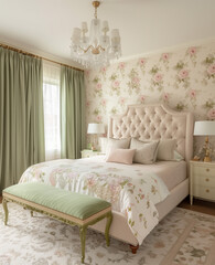 Gorgeous bedroom with floral wallpaper, light pink walls, green curtains, vintage bed, white chandelier, soft lighting, plush carpet, pastel palette with gold and olive